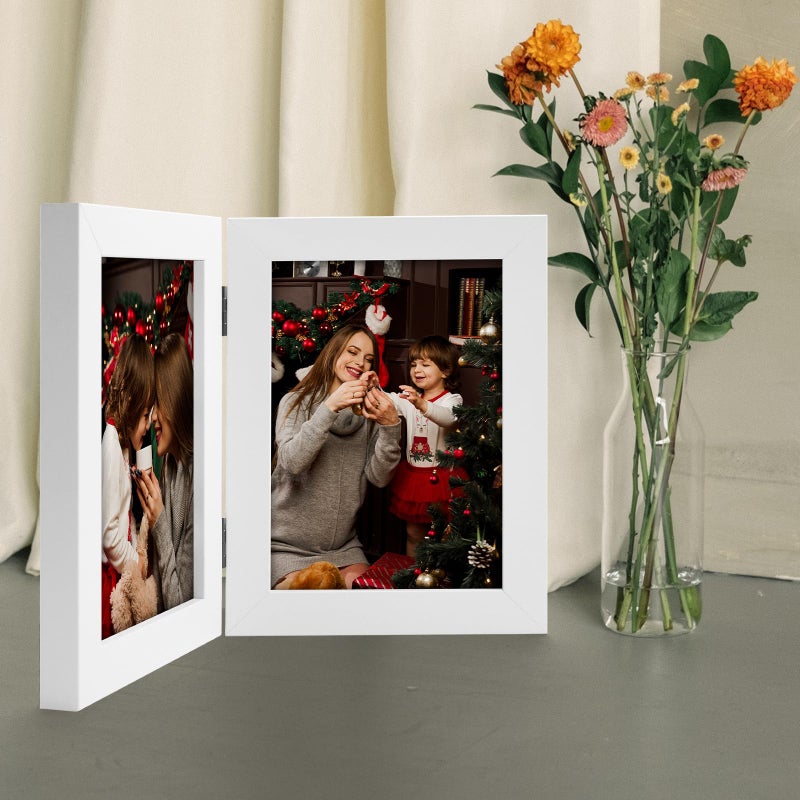 Frametory, 5x7 Double Picture Frame - Real Glass Hinged 2 Photos Collage, Desktop Picture Frame Standing Vertical (White, 1 Pack) - Image 4